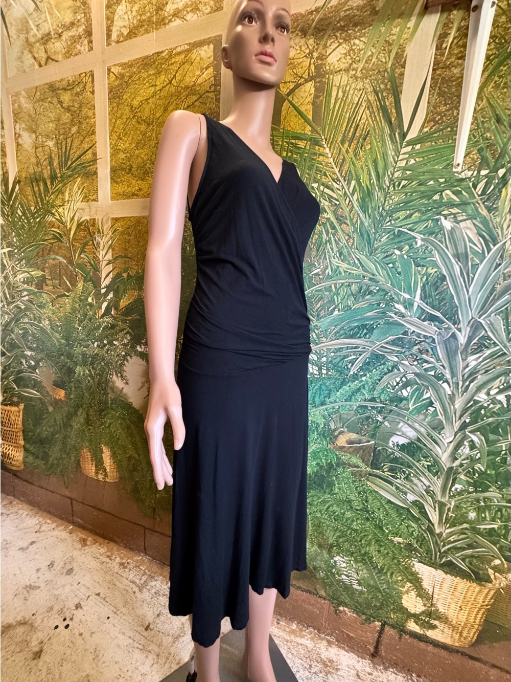 CAbi Classic Black Sleeveless Ruched Mock Wrap-Style Midi Dress size medium